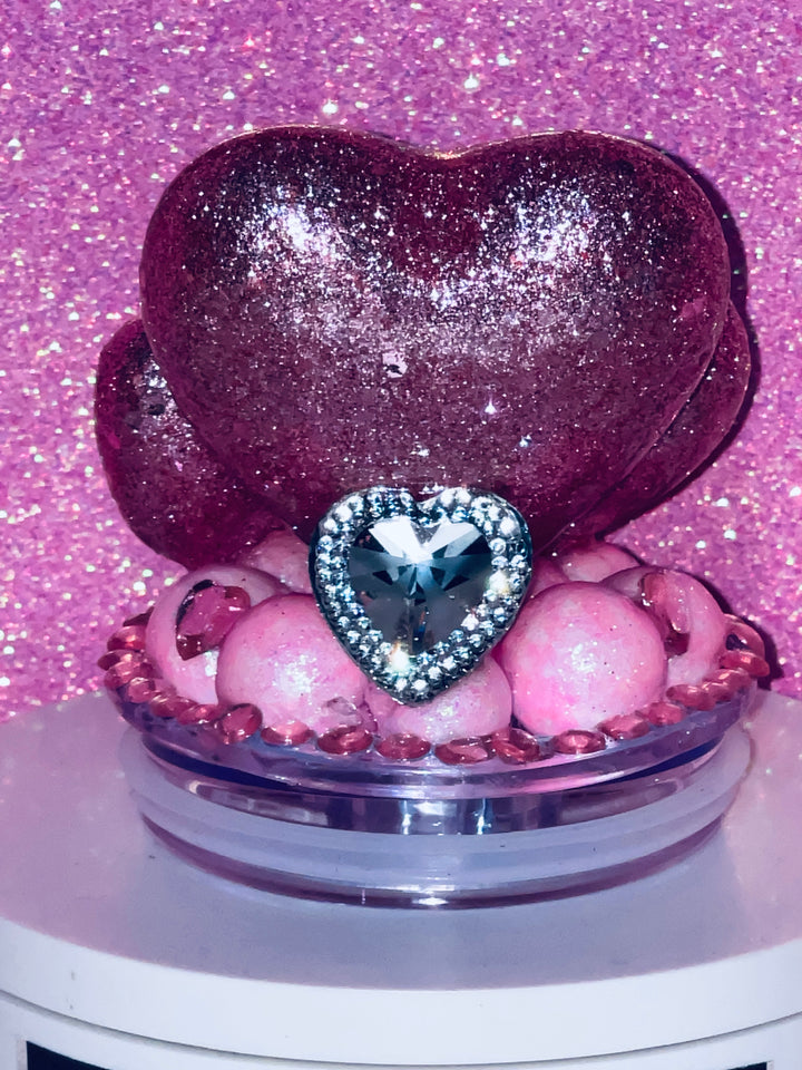Valentine's Pink Glitter Heart Tumbler Topper, Heart Tumbler Topper, Glitter Hearts, 3D Decorative Lid