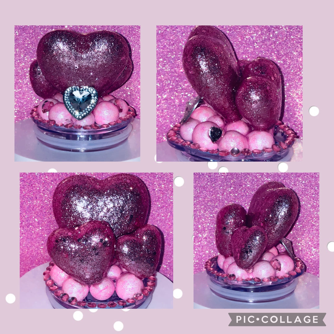 Valentine's Pink Glitter Heart Tumbler Topper, Heart Tumbler Topper, Glitter Hearts, 3D Decorative Lid