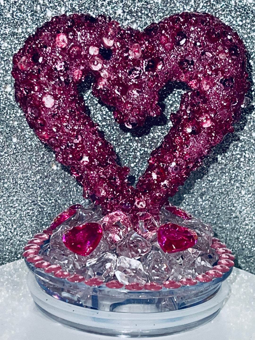 Valentine's Sequin and Bling Pink Heart Tumbler Topper, Heart Tumbler Topper, Glitter Hearts, 3D Decorative Lid