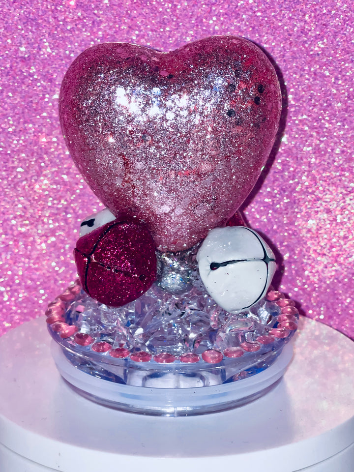 Valentine's Pink Glitter Heart Tumbler Topper, Heart Tumbler Topper with Jingle Bells, Glitter Hearts, 3D Decorative Lid