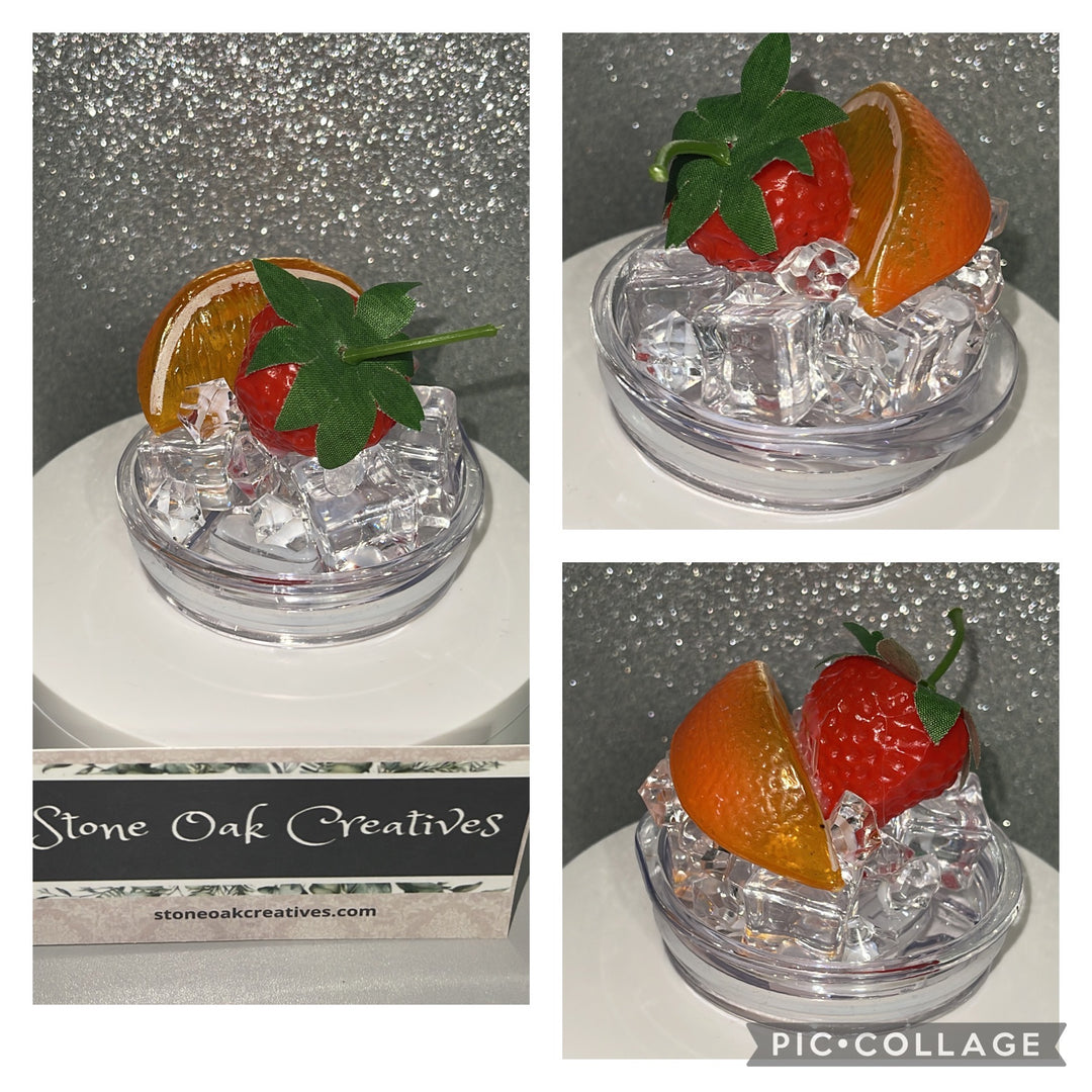 Orange Wedge + Strawberry - Fruit Tumbler Toppers - Decorative Lid for Tumblers - Ice Topper Lid