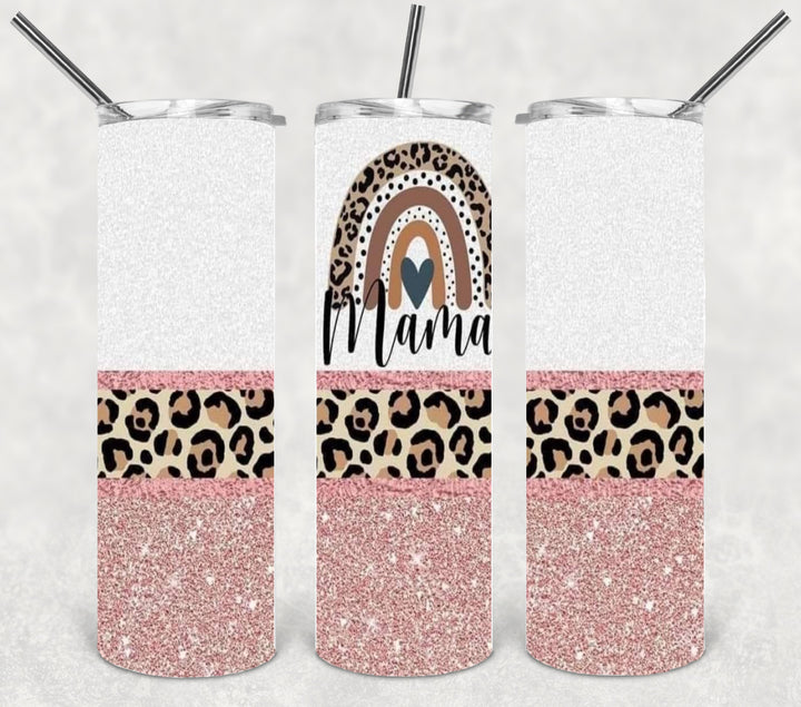 20 oz Skinny Tumbler - "MAMA"design - Pink Glitter and Leopard