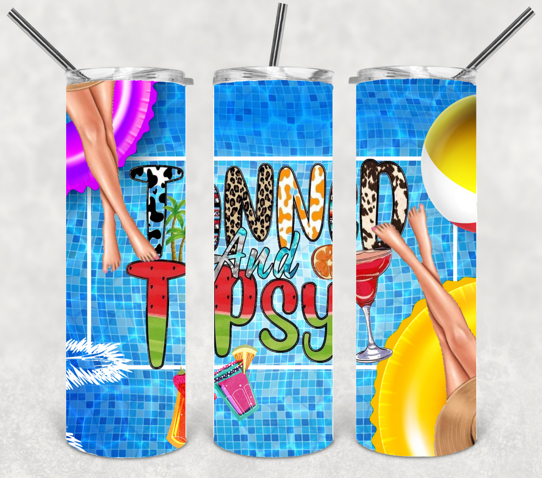 Stainless Steel Tumbler - Beach Summer Theme - Tanned and Tipsy - 20 oz skinny