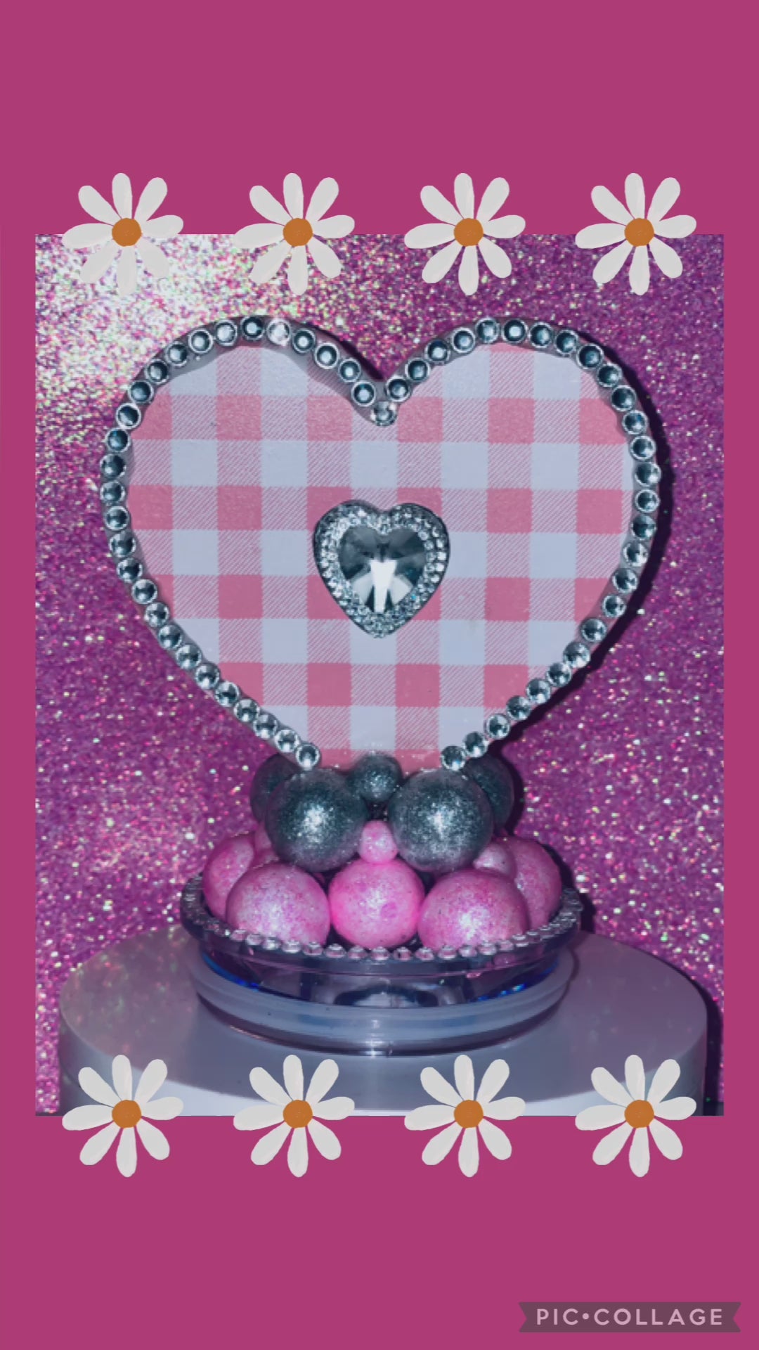 Valentine's Bling Heart Tumbler Topper, Pink Heart Tumbler Topper, Gingham Heart, 3D Decorative Lid