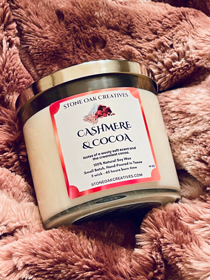 Cozy Cashmere & Cocoa Artisan Candle, 100% Pure Soy Wax, Hand Poured in Texas, three-wick, 14 oz -- Limited Stock --