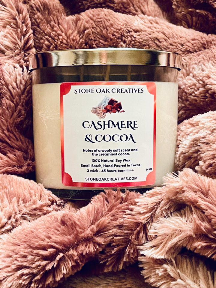 Cozy Cashmere & Cocoa Artisan Candle, 100% Pure Soy Wax, Hand Poured in Texas, three-wick, 14 oz -- Limited Stock --