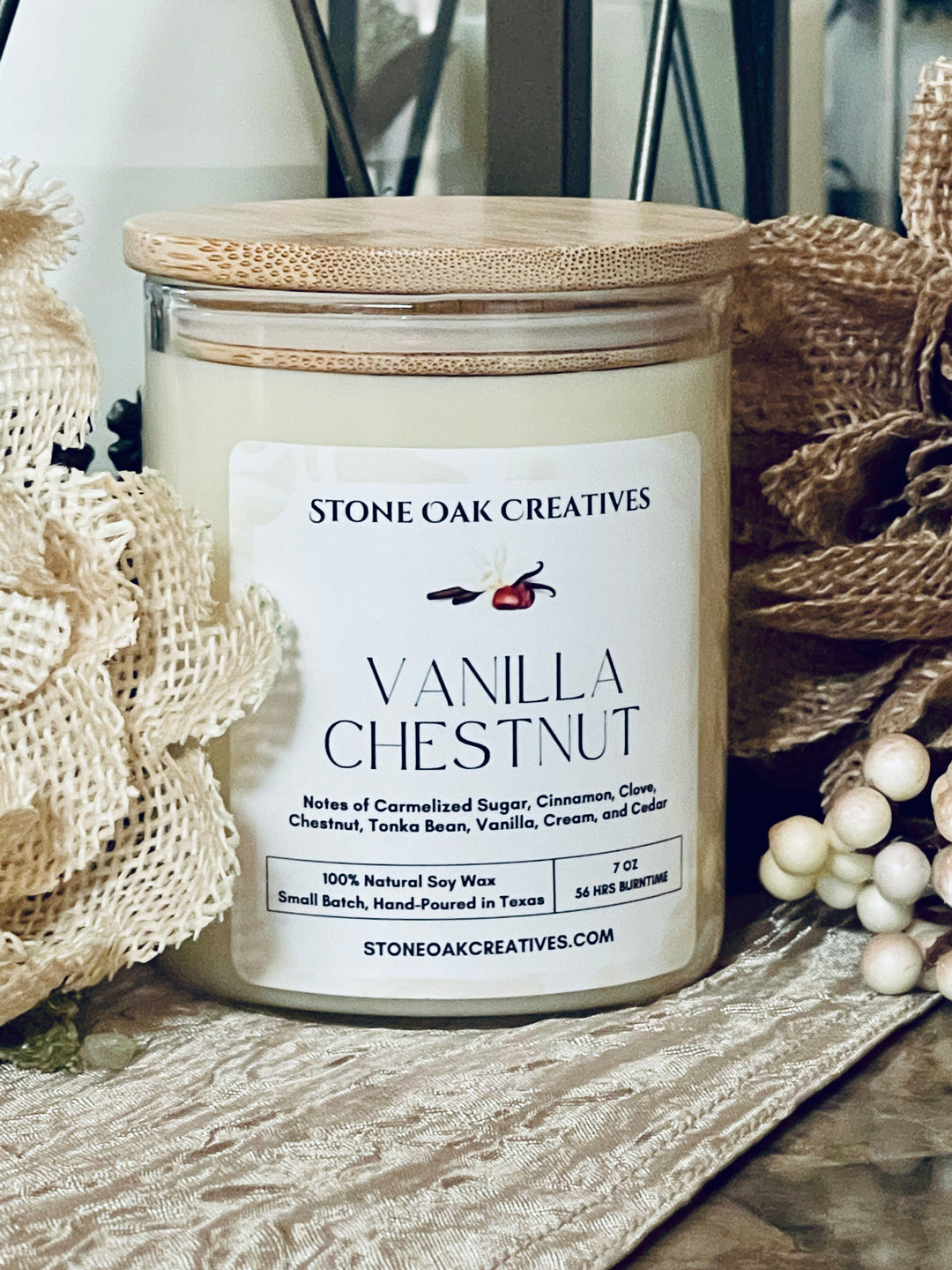Vanilla Chestnut, 100% Soy Wax Artisan Candle, Hand Poured in Texas, 7 oz  -- Limited Stock --