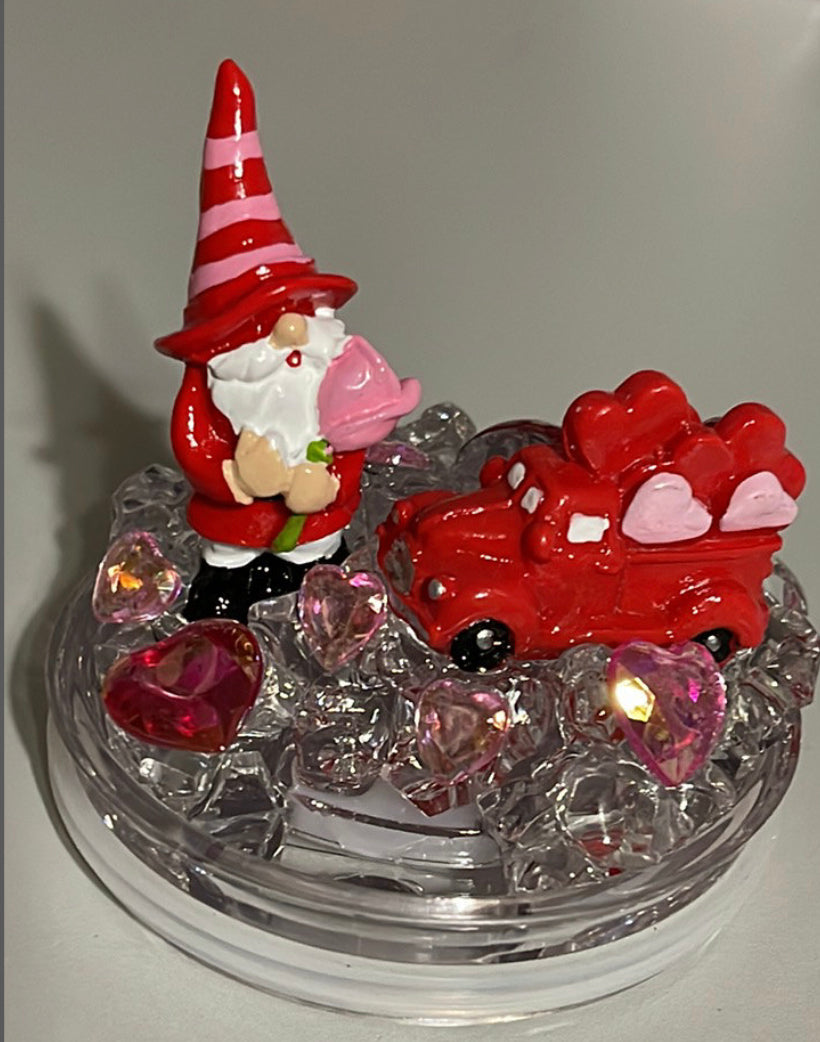 Valentine's Gnome Tumbler Topper, Pink Heart Tumbler Topper, 3D Decorative Lid